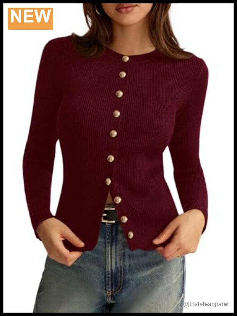 Slim Fit Ribbed Knit Button Down Crewneck Cardigan Sweater